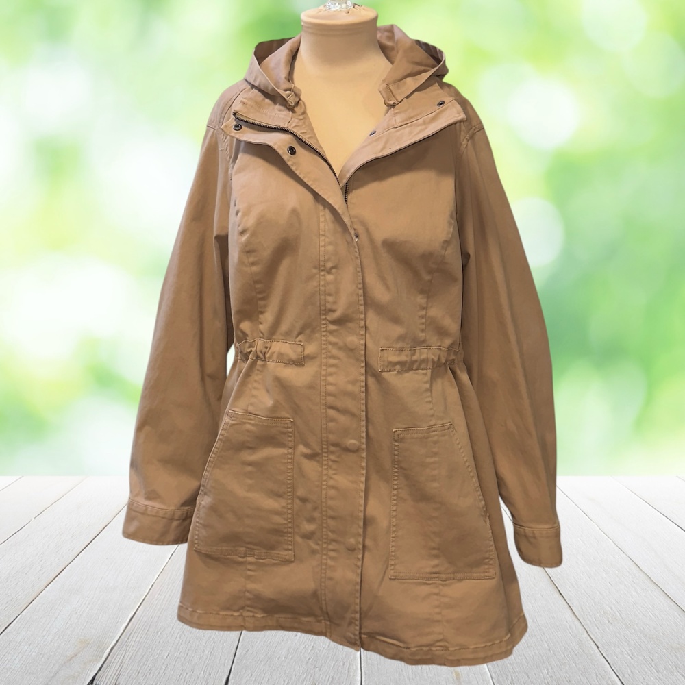 MARKET SPRUCE Utility Jacket Anorak Detachable Hood Zip Snap Khaki Twill Plus 1X